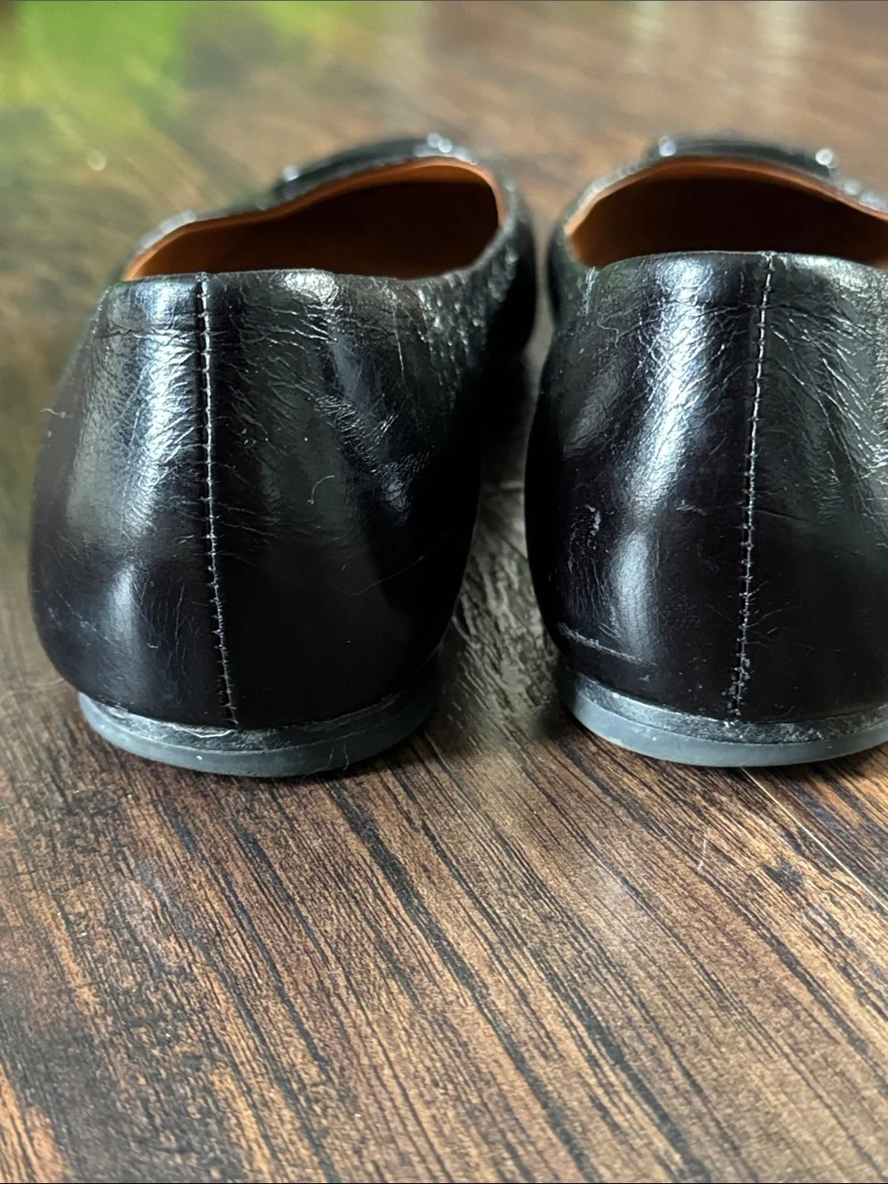 Tory Burch Black Leather Square-Toe Logo Flats